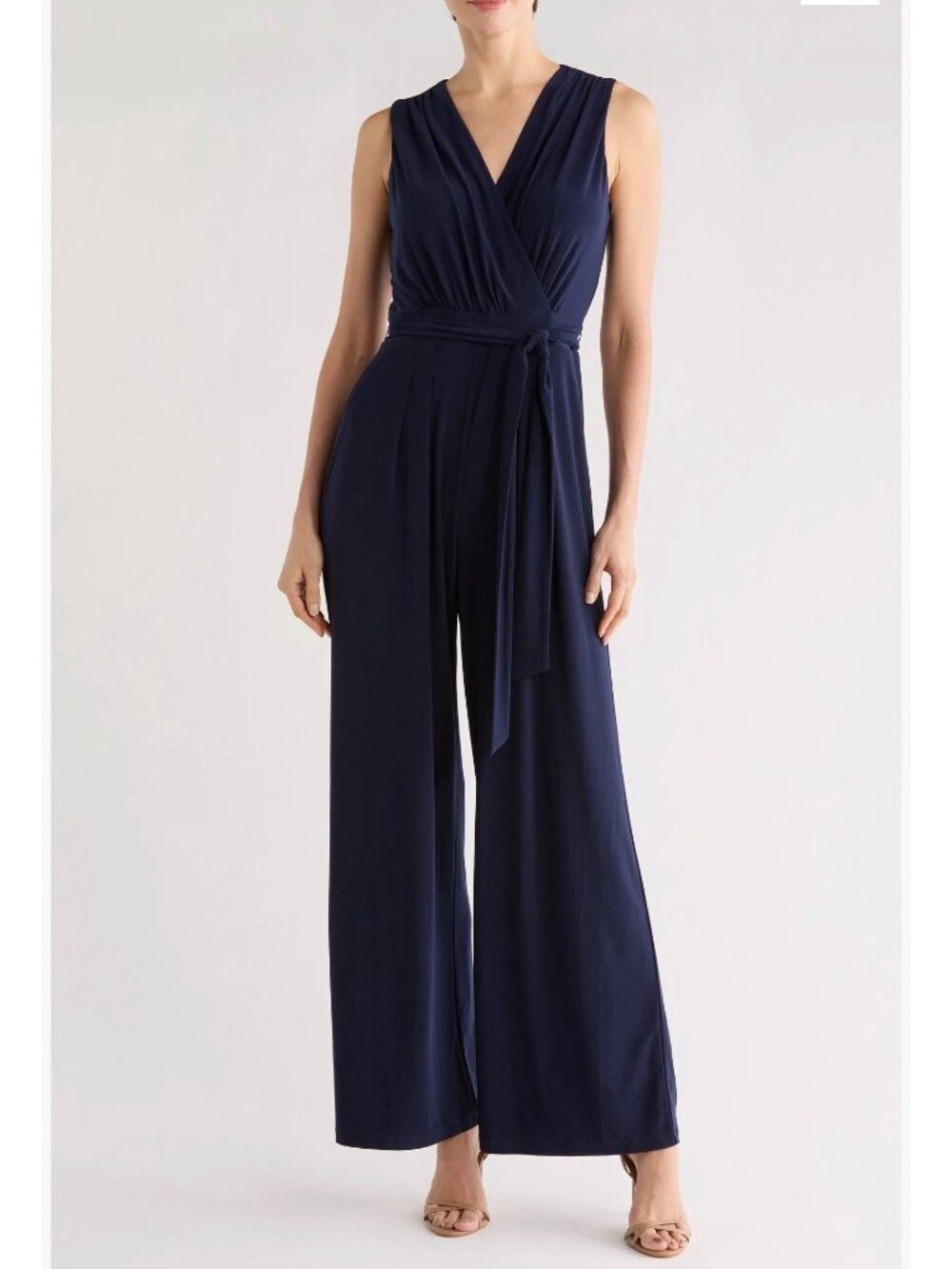 Eliza J Navy Faux Wrap Drape Tie Waist Stretch Wide Leg Jumpsuit Size M (8-10)